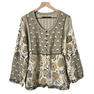 Gudrun Sjoden Floral Knit Button Front Cardigan Sweater Top Brown Size Large